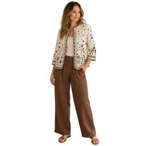 Coldwater Creek Cream Brown Embroidered Jacket Womens Size 16 Boho Open Front